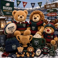 Ensemble de poupées en peluche OEM sur le thème du rugby hivernal, figurines en peluche de mascotte ours et lion style Noël pour les sports d'hiver, les fêtes et les cadeaux pour les fans