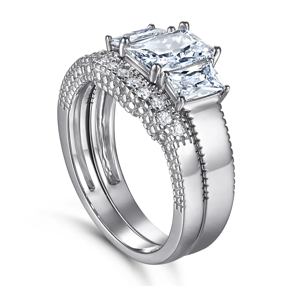 Nhẫn cưới sang trọng thiết lập hình chữ nhật cắt ba đá vòng một Carat 5x7mm 18K vàng 925 Sterling Bạc 5A Trắng Zircon Nhẫn