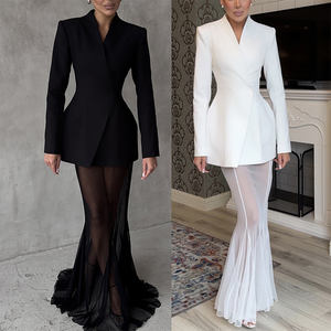 Conjunto de blusa de satén de manga larga informal sólida, chaqueta y falda de malla elástica regular, traje de 2 piezas - Product Image 2