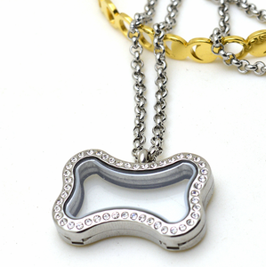 Colgante de acero inoxidable con forma de hueso de perro y cara, medallón flotante de cristal, cadena de serpiente, 316L - Product Image 6