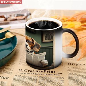 Frosted Black Ceramic 11oz Heat Activated Color Changing Mug With <b>Dog</b> Reading Newspaper Design - Product Image 5