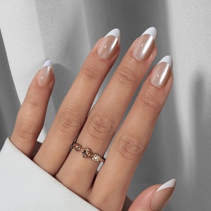Kit de faux ongles à marque privée, ongles artificiels en gel souple, courts, forme amande, effet œil de chat, French manucure, à presser, vente en gros - Product Image 2