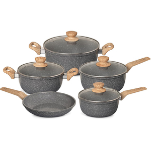 Juego de 5 piezas con tapas de vidrio, mangos de madera, apto para horno, diseño moderno para estufas de gas e inducción, juego de utensilios de cocina de cerámica antiadherentes. - Product Image 1