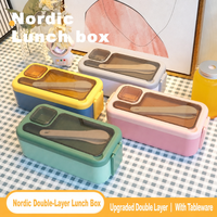 Dubbellaagse plastic lunchbox 1000ml, voedselveilige PP bentobox met lepel en vork erin, BPA-vrij, vaatwasserbestendig