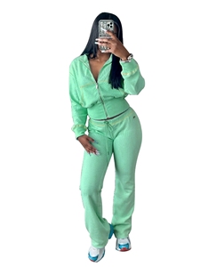 Venta al por mayor de ropa Casual de manga larga con cremallera Top 2 piezas conjuntos de moda Waffle de punto de dos piezas pantalones con cordón conjunto de las mujeres - Product Image 4