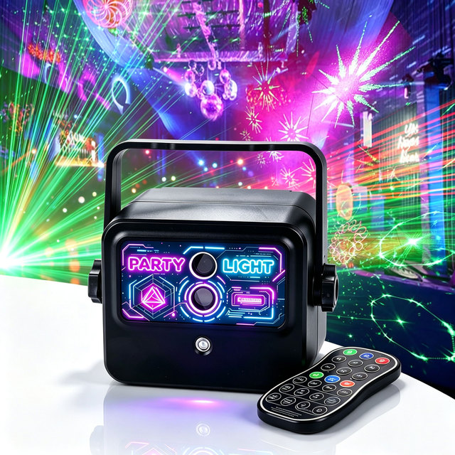 DJ Disco Party Lights Speaker Projector for Music Sound Activated LED Laser 7 Colors Strobe Lighting Remote Parties