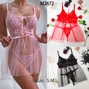 Set Lingerie in pizzo da donna in 2 pezzi reggiseno e perizoma regolabili a forma di cuore - Product Image 1