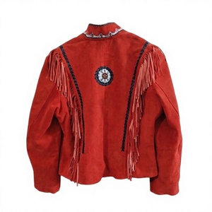 Chaqueta vaquera occidental de gamuza roja para mujer con flecos, bordado de cuentas, cuello alto y mangas largas para otoño - Product Image 2