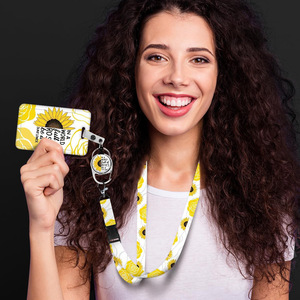 In stock: Yellow sunflower-patterned English easy-pull <b>buckle</b> badge roll, polyester lanyard, detachable double-sided UV - Product Image 2
