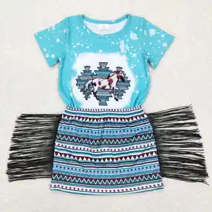 RTS ocidental crianças roupas criança menina hortelã verde aztec saia franja conjunto meninas roupa roupas boutique das crianças
