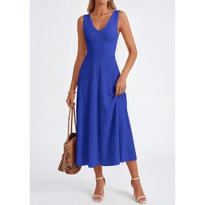 Vestido midi plisado sin mangas con cuello en V para mujer, informal, línea A, tejido, transpirable, para trabajo, cóctel, boda, invitada. - Product Image 4