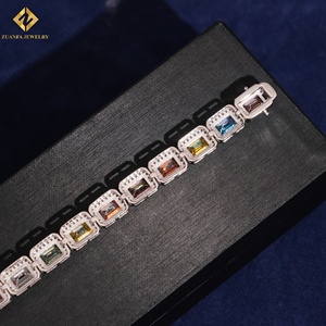 925 Sterling Silver VVS Moissanite <b>Rainbow</b> Emerald Cut Tennis <b>Bracelet</b> Halo Setting Colorful Gemstone Iced Out Geometric Jewelry - Product Image 4