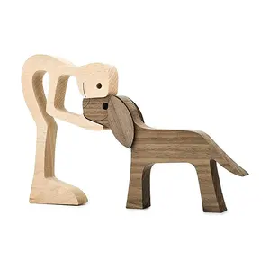 Wooden Sculptures Handmade Accents Craft Figurine for Home Decor Accents Man and Dog Wooden Statue Animal Sculptures Collection