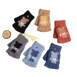 LIANSHOU Factory Winter Plus Fleece Half Finger Warm Children Gloves & Mittens With Flip Knit Cover & Melancholy Bear
