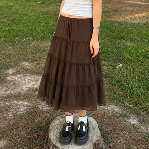 Falda midi de verano con cintura elástica marrón, corte en A, patchwork de malla, detalle de lazo, estilo casual europeo americano para chica moderna. - Product Image 4