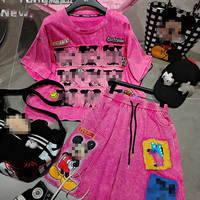 Ensemble décontracté pour filles, t-shirt surdimensionné rose vif à imprimé cartoon et short à cordon de serrage, 100% coton, style hip hop