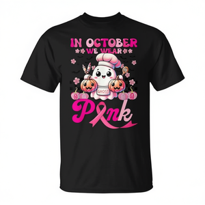 En octubre usamos camisetas rosas con estampado de fantasma para la concienciación sobre el cáncer de mama, camiseta unisex para adultos de manga corta, cuello redondo, algodón, impresión digital - Product Image 2