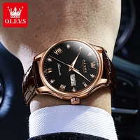 OLEVS 9932 Chiffre Romain Cadran Noir Diamants Design Mouvement Automatique Montre Lumineuse Étanche 3BAR Bracelet en Cuir Véritable