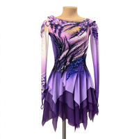 Robe de patinage et de danse dégradé violet-rose, manches longues en maille, ornée de strass floraux, pour enfants et adultes, compétition et performance