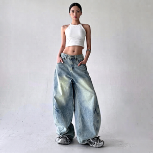 High Waisted <b>Wide</b> <b>Leg</b> Denim Pants Sand Washed Loose Fit Streetwear Style Light Blue Cotton <b>Jean</b> Pants Spring Season - Product Image 1