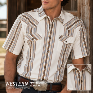 Western <b>Tops</b> Custom Luxury Mens Striped <b>Cowboy</b> Shirt Short Sleeve Pearl Snap Woven Fabric Private Label Manufacturer - Product Image 1