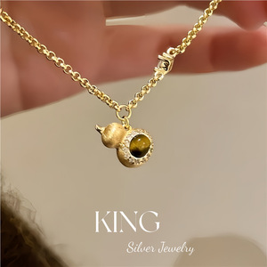 King Silver Jewelry Gourd Pendant Necklace <b>Tiger</b> <b>Eye</b> Inlay 925 Sterling Silver Gold Plated Unisex Everyday Wear - Product Image 1