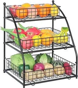 New Arrival Household Items Removable 3 Layer Black Metal Wire Fruit And Vegetable Basket