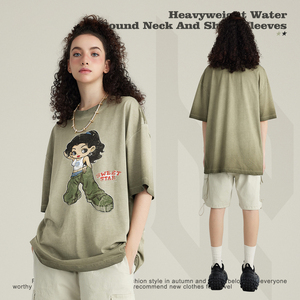 2024 Spring and Summer American Vintage Washed Gradient 100% Cotton Oversized Short Sleeve T-shirt Men - Product Image 3