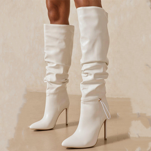 on Shoes High Heel Boots Elastic <b>String</b> Pleated Shaft Stilettos Fashion Wholesale Women's Knee High Boots Big Size 43 - Product Image 4