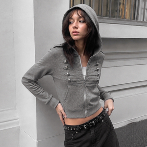Veste courte zippée à capuche boutonnée style Napoléon, coupe ajustée, style urbain américain, pour femme tendance, automne-hiver, couleur unie unique, vêtement d'extérieur décontracté - Product Image 5