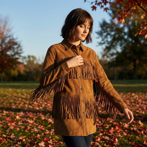<strong>Women</strong> Vintage Brown Faux Suede Fringe Jacket Western Cowgirl Style Long Sleeve Button Down Tassel Shacket Coat - Product Image 5