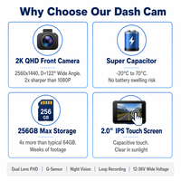 Caméra embarquée double 2K QHD avant + 1080P arrière, écran tactile capacitif IPS 2 pouces, DVR, prise en charge 256 Go, capteur G, personnalisation OEM