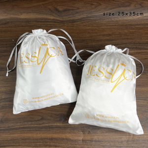 Pochette en satin blanc de luxe avec cordon de serrage, impression personnalisée du logo en or, sac de rangement en satin pour perruques, extensions de cheveux, emballage cosmétique - Product Image 5