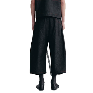 Custom Logo <b>Women</b> Raw Selvedge Wide Leg Cropped Denim Shorts High Rise <b>Red</b> Topstitch Oversized Baggy Knee Length Bermuda <b>Jeans</b> - Product Image 2