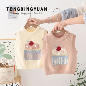 Girls Knitted Vest Cartoon Cupcake Design Cotton Sweater Sleeveless For Children Autumn Wear Pink Off White Blue - Product Image 3
