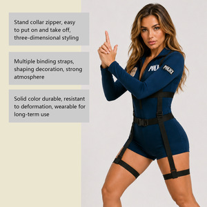 Costume sexy en spandex bleu avec bretelles et fermeture éclair sur le devant, robe une pièce - Product Image 4