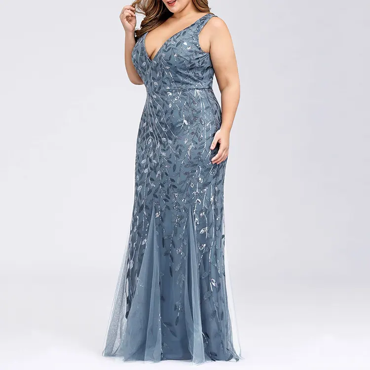 New Hot Sales 2023 Navy Plus Size Lady Luxury Sequin Sleeveless Mermaid Evening Elegant Party Girl Dress for Women