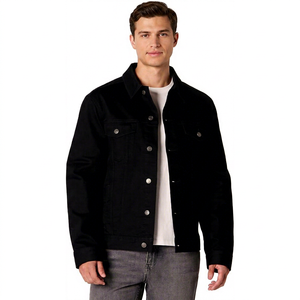 Men's Black <b>Denim</b> Jacket Casual Button Front Regular Fit Solid Color Autumn Wear Woven Cotton <b>Material</b> - Product Image 1