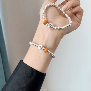 999 Pure <b>Silver</b> Bracelet With Amber <b>Beads</b> Unisex Gift Jewelry - Product Image 1