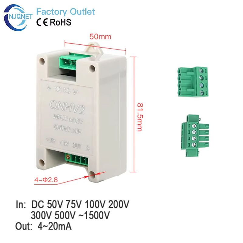 Hall Effect DC Voltage Transducer QNHV2 NJQNET 50V-1000V 4-20mA 5V/10V 2.5KV Isolation 0.5% Accuracy Potential Transformer