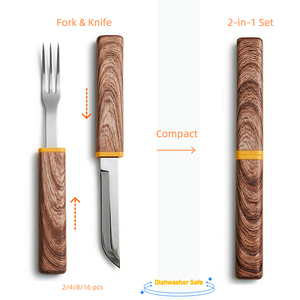 Ensemble couteau et fourchette 2-en-1 en acier inoxydable, portable pour camping, extérieur, fête, avec étui pour fourchette à dessert et couteau d'office, ensemble de couteaux en bois - Product Image 3