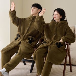 Conjunto <span class=keywords><strong>de</strong></span> Pijamas <span class=keywords><strong>de</strong></span> Franela Gruesa <span class=keywords><strong>de</strong></span> Coral para Parejas, Diseño <span class=keywords><strong>de</strong></span> Oso con Capucha, Térmico, Transpirable, Suave, Cintura Elástica Larga - Product Image 4