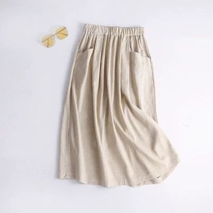 Women's Mid Length Linen <b>Skirt</b> <b>Elastic</b> Waist Coffee White Cotton Casual Daily Wear - Product Image 1