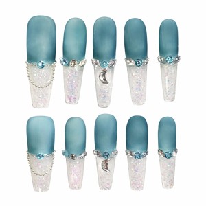Ongles artificiels bleus mats effet œil de chat à presser, avec paillettes et strass, forme stiletto, couvrance totale, 10 pièces - Product Image 1
