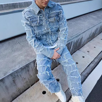 Blousons en jean délavé à motif laineux personnalisé, style streetwear, avec ourlet effiloché, manteaux décontractés Y2K, effet vieilli, à franges, pour hommes