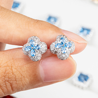Boucles d'oreilles clous de luxe en argent sterling 925 hypoallergéniques pour femmes et hommes, motif fleur bleue CZ, saphir bleu aigue-marine, pour oreilles sensibles
