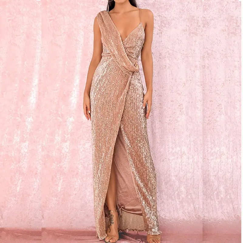 Cheap Custom Sequin Gold Evening Long Sleeve Formal Dresses For Women Slim Women's Banquet Design Sense Single Shoulder Dress