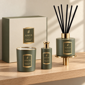 Aikun - Set de Difusor de Aromas en Caja de Oliva con Logotipo en Relieve, 100 ml, Vaso Redondo, con Varillas Difusoras y Spray, para Regalos, con Aroma Duradero, Bajo MOQ y Respuesta Rápida - Product Image 1