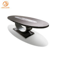 Table à manger ovale de luxe nordique avec base en acier, laque grise polyester haute brillance avec insert en marbre