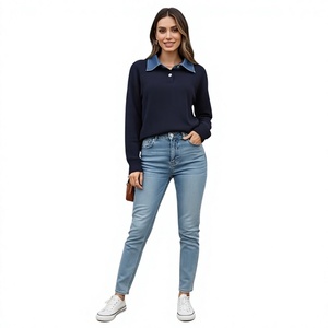 Pull en tricot pour femme à col en jean, manches longues, décontracté, avec poignets contrastants, coupe ample, collection automne-hiver - Product Image 2